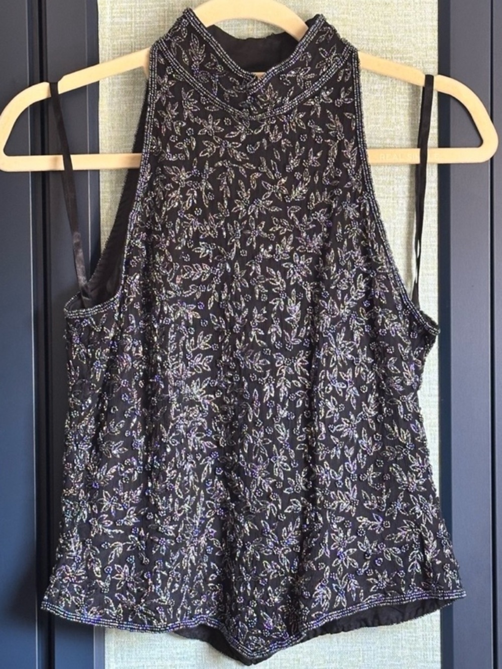 Vintage Papell Boutique Black Silk Fully Beaded High Neck Formal Top, Size S